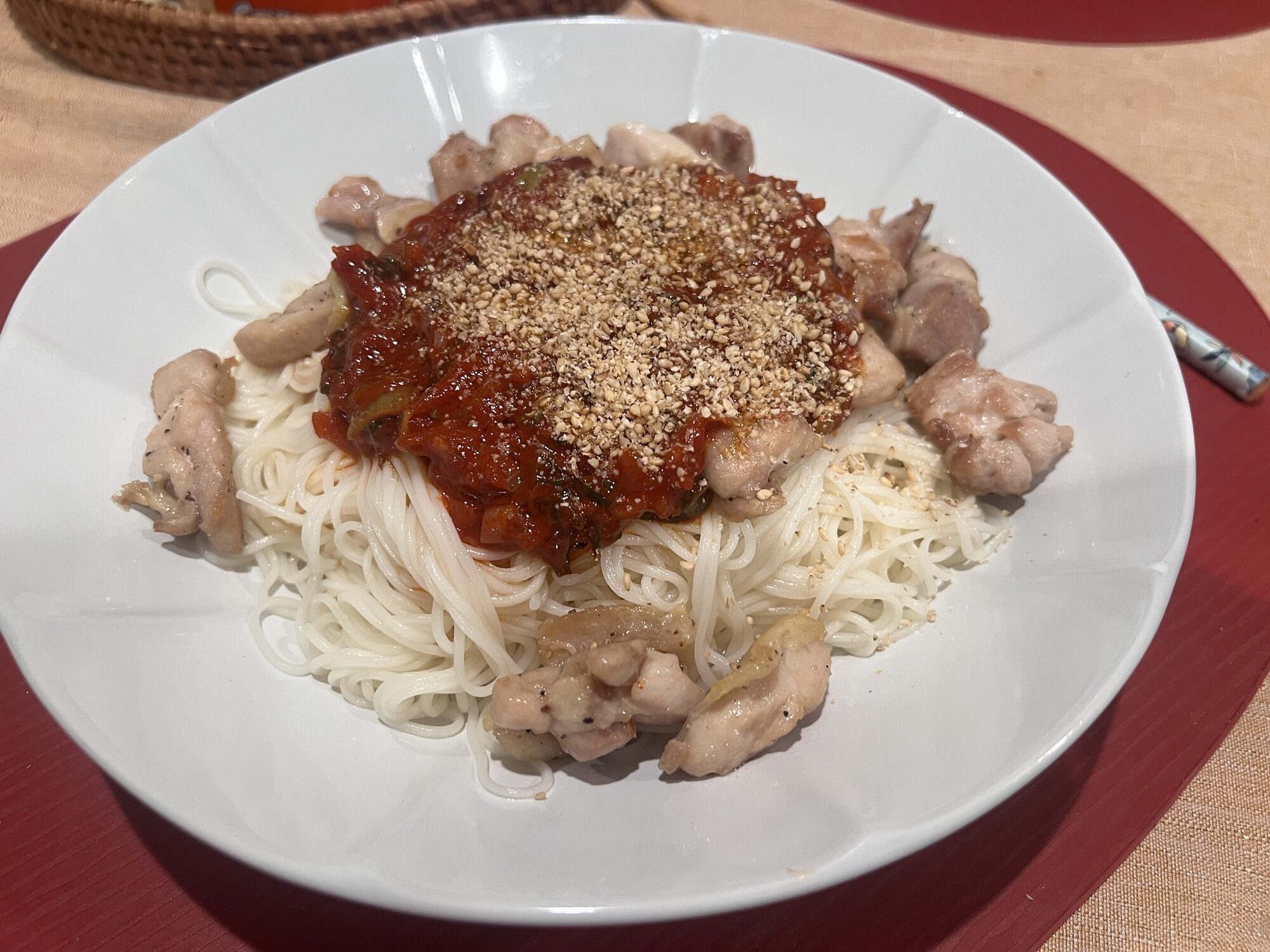 Korean Style Chicken Noodles (Bibim-Guksu)